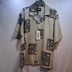 Malibu Beige Short-Sleeve Button-Up Shirt with Black Paisley Blocks